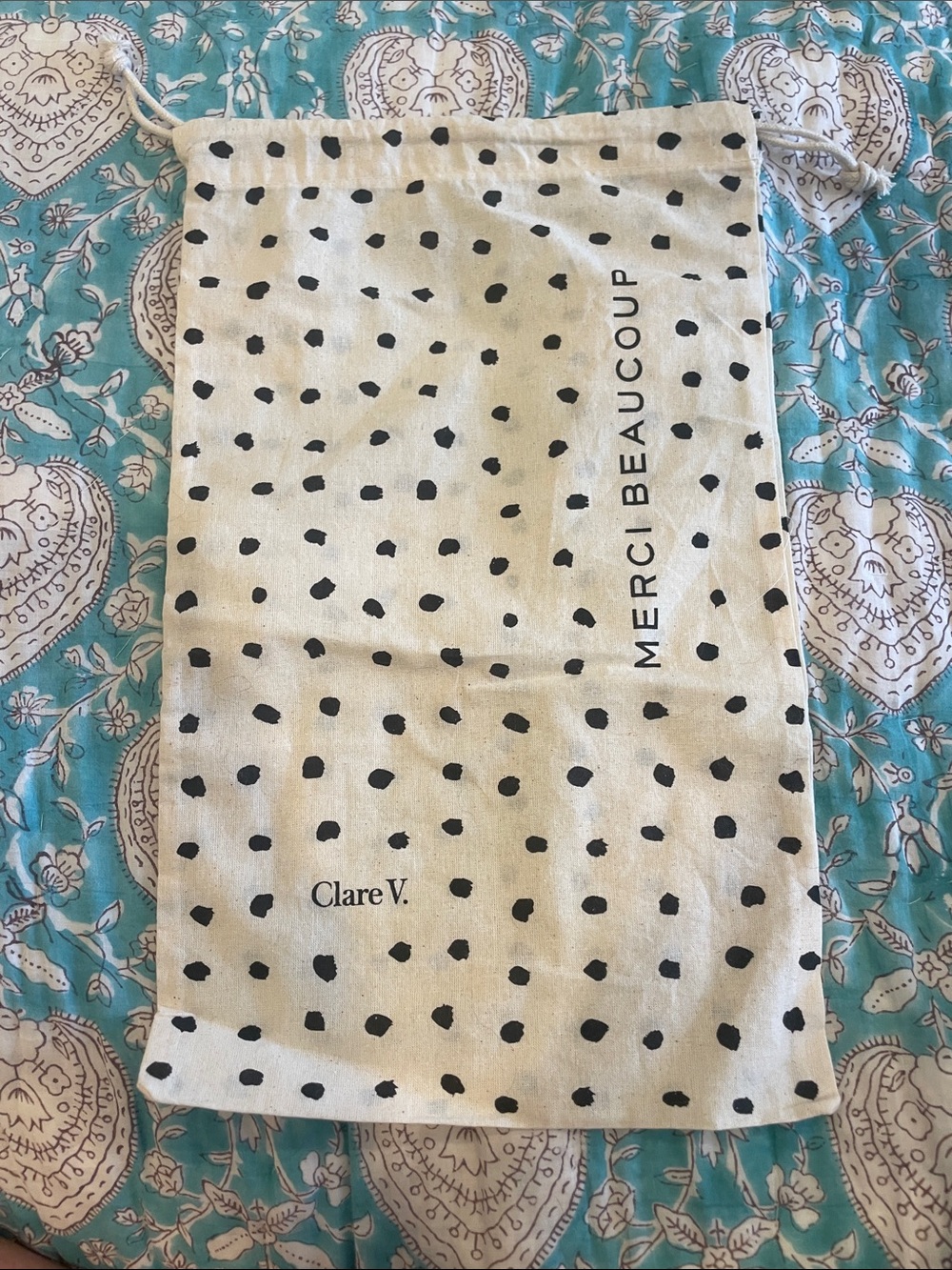 Clare V. Cream Drawstring Dust Bag with Black Polka Dots